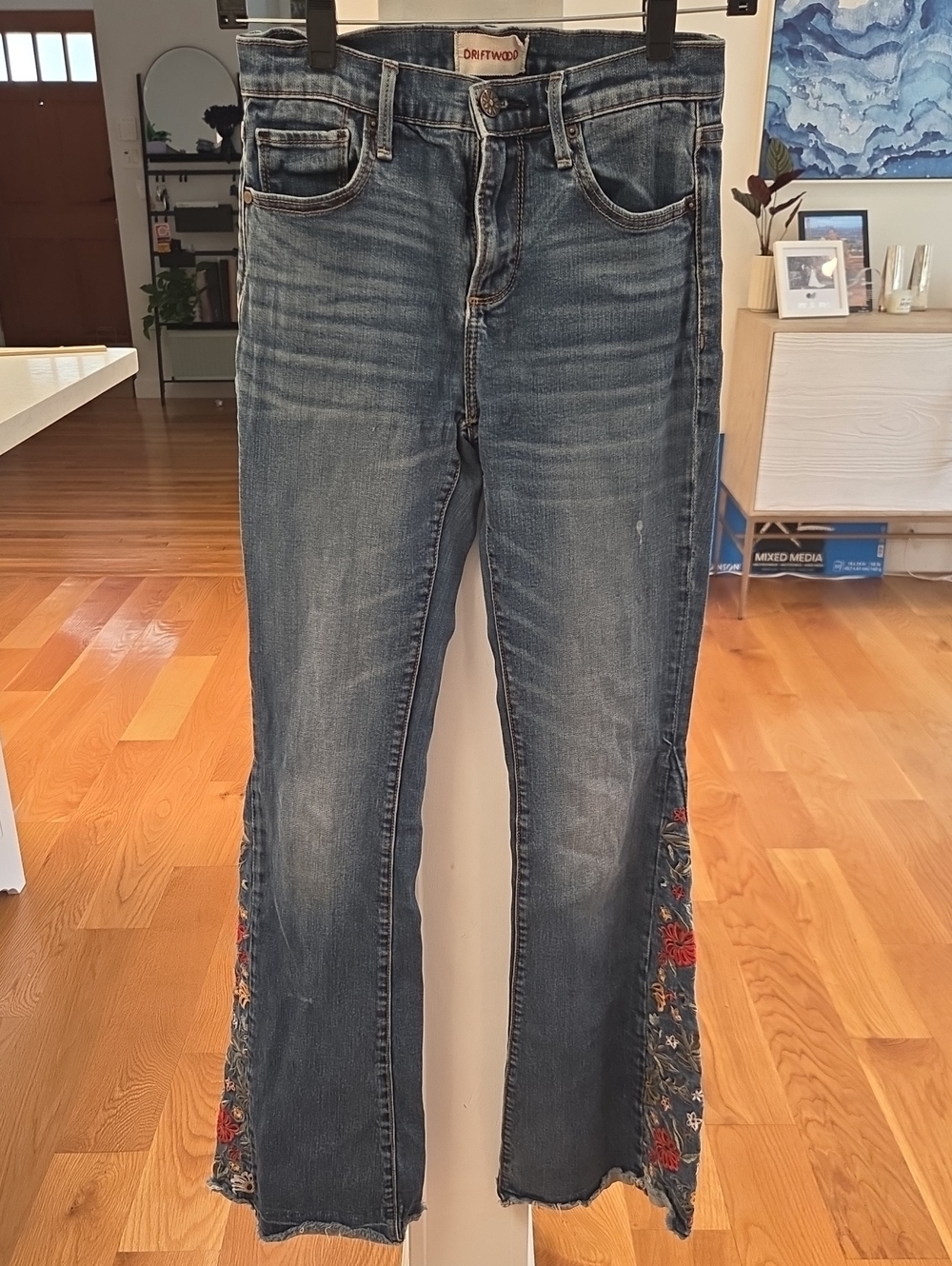 DRIFTWOOD Womens Farrah Medium Blue Denim Embroidered Wide-Leg Jeans 25x34